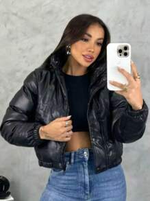 Jaqueta De Couro Zíper Puffer Feminina Moda Blogueira Grossa e Forrada - Preto - Visão 6