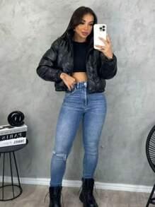 Jaqueta De Couro Zíper Puffer Feminina Moda Blogueira Grossa e Forrada - Preto - Visão 3