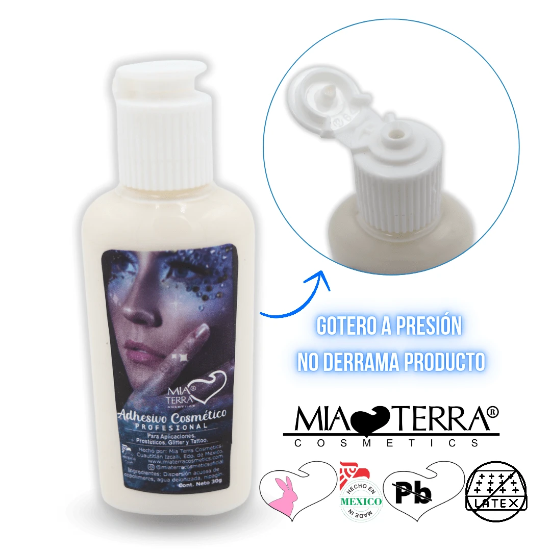 MIA TERR COSMETICS - Pegamento cosmético (glitter, peluca, pestañas, pedrería, heridas falsas y prostéticos) libre de látex de gran duración - pegamento 30 ml - Ver 1
