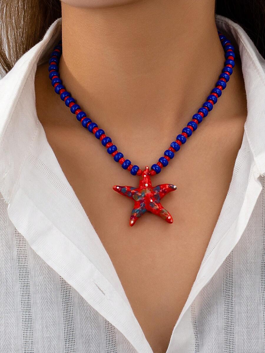 1 pieza Collar de cuentas boho de estrellas de mar de estilo playa hecho a mano para mujer (La forma y el color pueden variar)