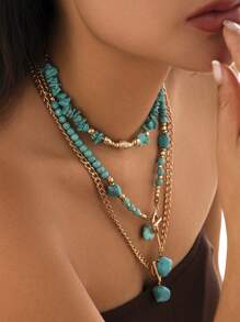 2/Pack 3pcs/Set Bohemian Style Beaded Turquoise Pendant Necklace, Luxury Fashion Vacation Party Necklace For Women, Versatile Gift - Necklace - View 2