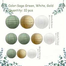 10 件/15 件绿色、白色和金色圆形悬挂纸灯笼装饰，乡村婚礼生日派对装饰 - 彩色 - 查看 3