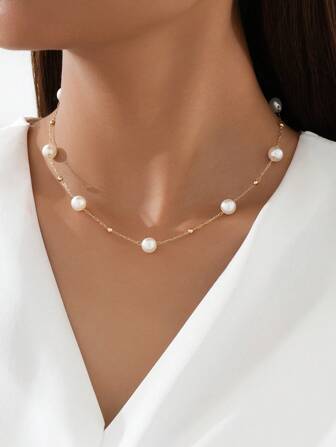 1pc Faux Pearl Chain Short Necklace With Metallic Beads Spacing Design, Suitable For Ladies To Wear In Daily Life