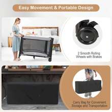 5 In 1 Travel Bed With Changing Mat, Thickened Mattress, Foldable Baby Travel Bed With Airy Side Walls, Rolling Carry Bag, Baby Cradle With Canopy, Playpen For Baby From 0-36 Months - 黑色 - 查看 2