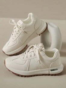 女士休闲运动鞋，PU 皮革，平底，轻便，舒适跑步鞋，白色