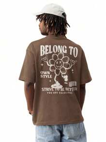 Camiseta De Malha Impressa Belong Com Padrão Soltinho De Rosto De Desenho Animado Para Homens - Marrom - Visão 2