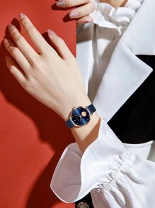 HANNAH MARTIN Hannah 女士石英表，时尚两针半，不锈钢网状表带，小表盘，35 毫米玫瑰金，休闲正装表，送给她的礼物 - 藍色 - 查看 4