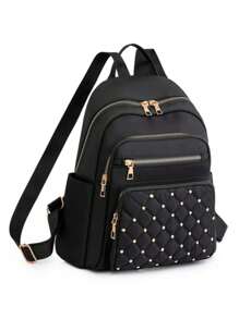 Fashionable Outdoor Large Capacity Casual Backpack For Women, Rivet Decor Student School Bag, Multi Colors & Styles, Rivets Randomly Distributed - Black - View 6