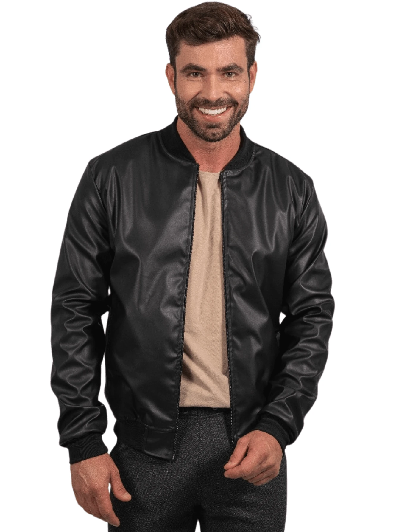 Men's Courino Bomber Jacket Cuff On Sleeve Waterproof Synthetic Leather - 黑色 - 查看 1