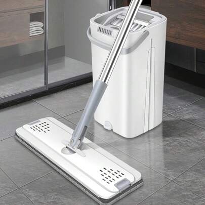 Set De Cubo Con Escurridor Y Trapeador Sin Manos Para Pisos Planos, Incluye 2 Almohadillas De Microfibra Lavables Para Uso En Húmedo Y Seco, Sistema De Limpieza De Pisos Para El Hogar Para Todo Tipo De Pisos Y Ventanas Trapeador Giratorio Auto Exprimible 360° Con 2pzs Microfibra