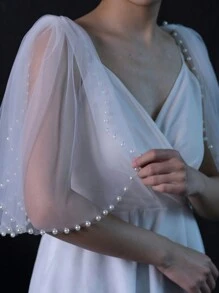 1对新娘礼服吊带披肩，5种颜色可选，短款珍珠雪纺肩部装饰，带安全别针，新娘婚礼肩部配饰 - 雙肩披肩 - 查看 17