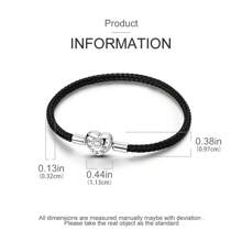 Neue 925 Sterling Silber Armband mit Herzschnalle, Schlangenkette, CZ, schwarzem Leder für Damen, DIY Charm, Anhänger, Perlen, Schmuckgeschenk