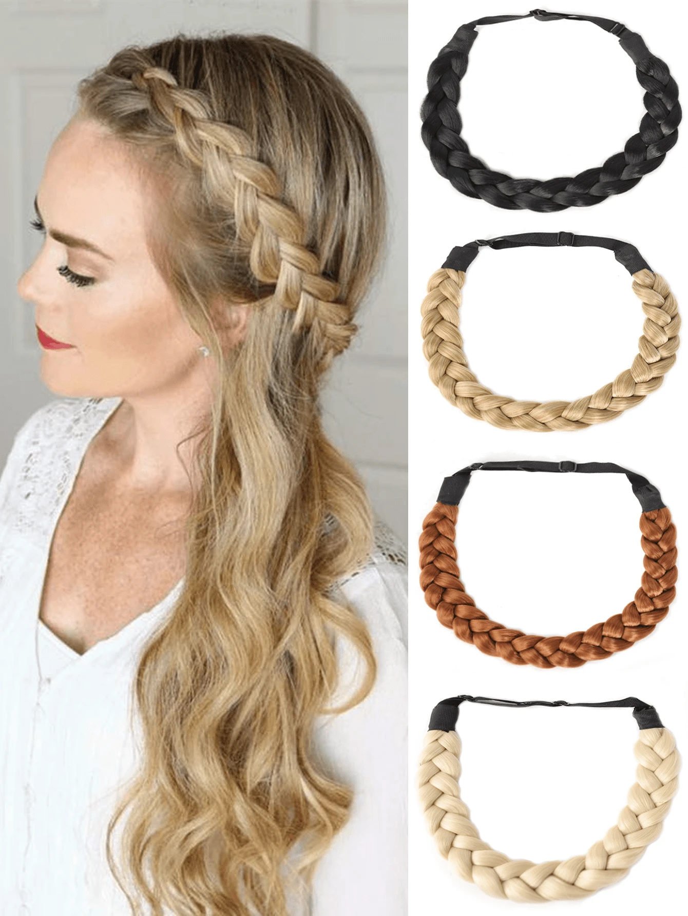 Diadema elegante y ajustable con trenza de espina de pescado - Accesorio de cabello sintético para mujeres y niñas, perfecto para fiestas y uso diario - Multicolor - Ver 1