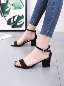 Sandalias de tacón alto hebilla de una línea, tacón grueso ajustable, punta abierta,, sexy, casual, elegante diosa - Negro - Ver 4