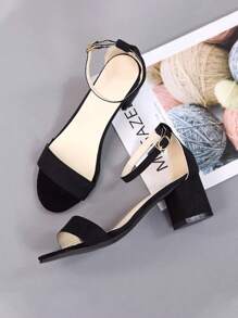 Sandalias de tacón alto hebilla de una línea, tacón grueso ajustable, punta abierta,, sexy, casual, elegante diosa - Negro - Ver 6