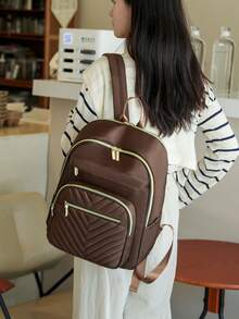 Women's Solid Versatile Large Capacity Backpack, Simple Casual School Student Commuter Bag - Brown - View 2
