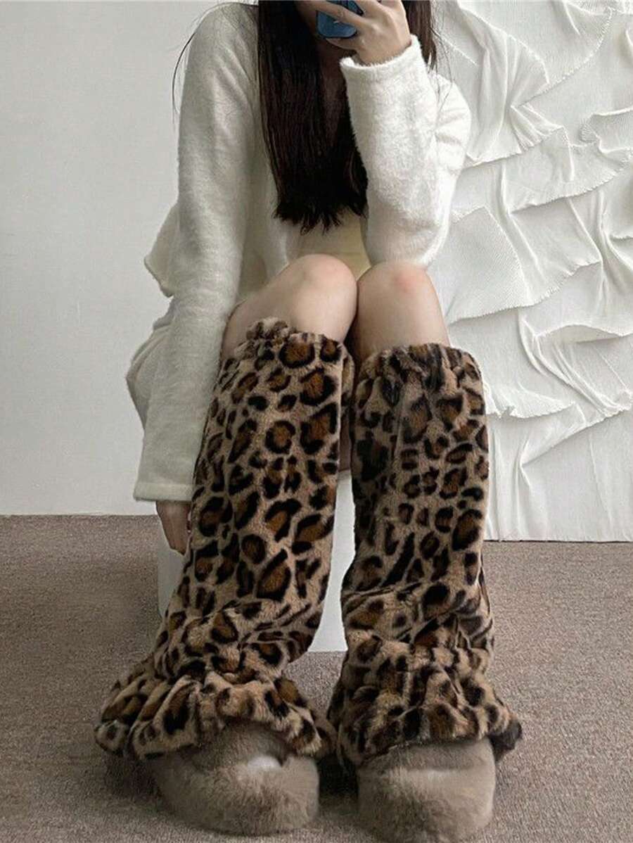 1 双护腿 秋冬豹纹紧身裤 紧身腿袜 霓虹护腿 保暖腿袜 Jk 绒袜 - 卡其色 - 查看 1