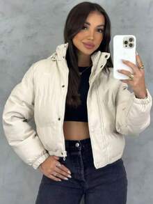 Women's Fashion Blogger Zipper Puffer Leather Jacket Thick And Lined - White - View 4