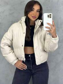 Women's Fashion Blogger Zipper Puffer Leather Jacket Thick And Lined - White - View 7