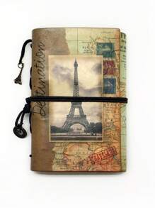 Journal - 1Pc A6 Notepad, 180 Pages Kraft Paper - High Quality Leather - Vintage Style - Iron Tower Pattern Booklet - With 2 Pockets - Removable Binder, Suitable As A Gift, Unisex - Daily Planner, Study Planner, Life Record, To-Do List, Travel, Multi-Purpose - Notebook - 7.3 * 5.1 In/ Handbooks -Very Retro And Special Journal - Loose-Leaf Binder - Multicolor - View 2