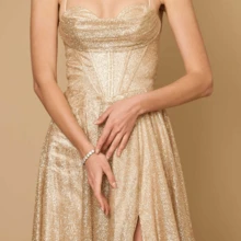 Long Sparkling Cowl Corset Prom Dress Gold - Gold - View 4