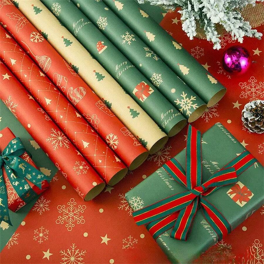7/10 件/套雪花图案礼品包装纸套装 - 适用于圣诞节、生日和婚礼庆典的多功能包装纸 - 包括礼品标签、牛皮纸、薄纸和花束用品 - 彩色 - 查看 1
