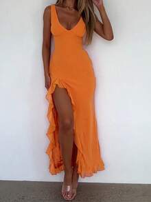 WOWDARK 夏季纯色连衣裙，时尚性感V领荷叶边开衩派对礼服，优雅女士连衣裙，适合情人节、约会、聚会、派对、旅行、度假、海滩等场合。 - 橘色 - 查看 8
