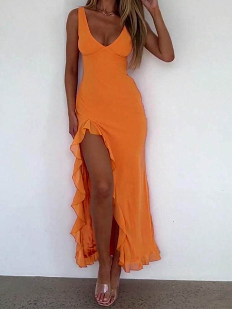 Vestido de verano de unicolor WOWDARK, vestido de fiesta elegante con escote en V, volantes en el bajo y abertura, vestido sexy y elegante para mujeres, adecuado para el Día de San Valentín, citas, reuniones, fiestas, viajes, vacaciones, playa y otras ocasiones - Naranja - Ver 7