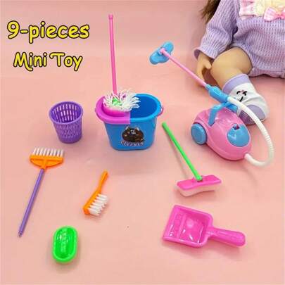 Bộ dụng cụ làm việc nhà mini 9 món - Bao gồm cây lau nhà, chổi, bàn chải, xô, v.v. với màu sắc ngẫu nhiên - Làm bằng chất liệu PVC, - Thích hợp cho trẻ em dưới 12 tuổi
