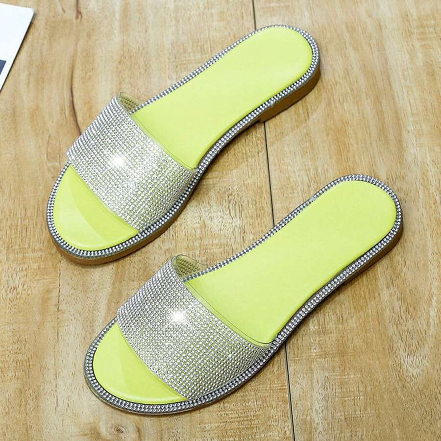 Women's Summer Flat Sandals - Solid Color Sandals For Indoor And Outdoor Sandals And Sparkly Diamond - 黃色 - 查看 1