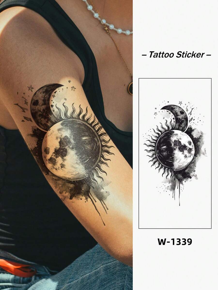 1pc Dark Art Ominous Sun And Moon Temporary Tattoo Sticker Suitable For Arm, Unisex - Black - View 1