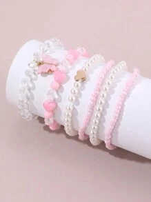 6 件套儿童可爱珍珠心形、蝴蝶串珠手链首饰套装 - 蝴蝶 - 查看 10
