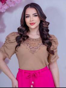 Puff Sleeve Blouse With Pearl Embroidery Elegant Women's Fashion - 查看 1