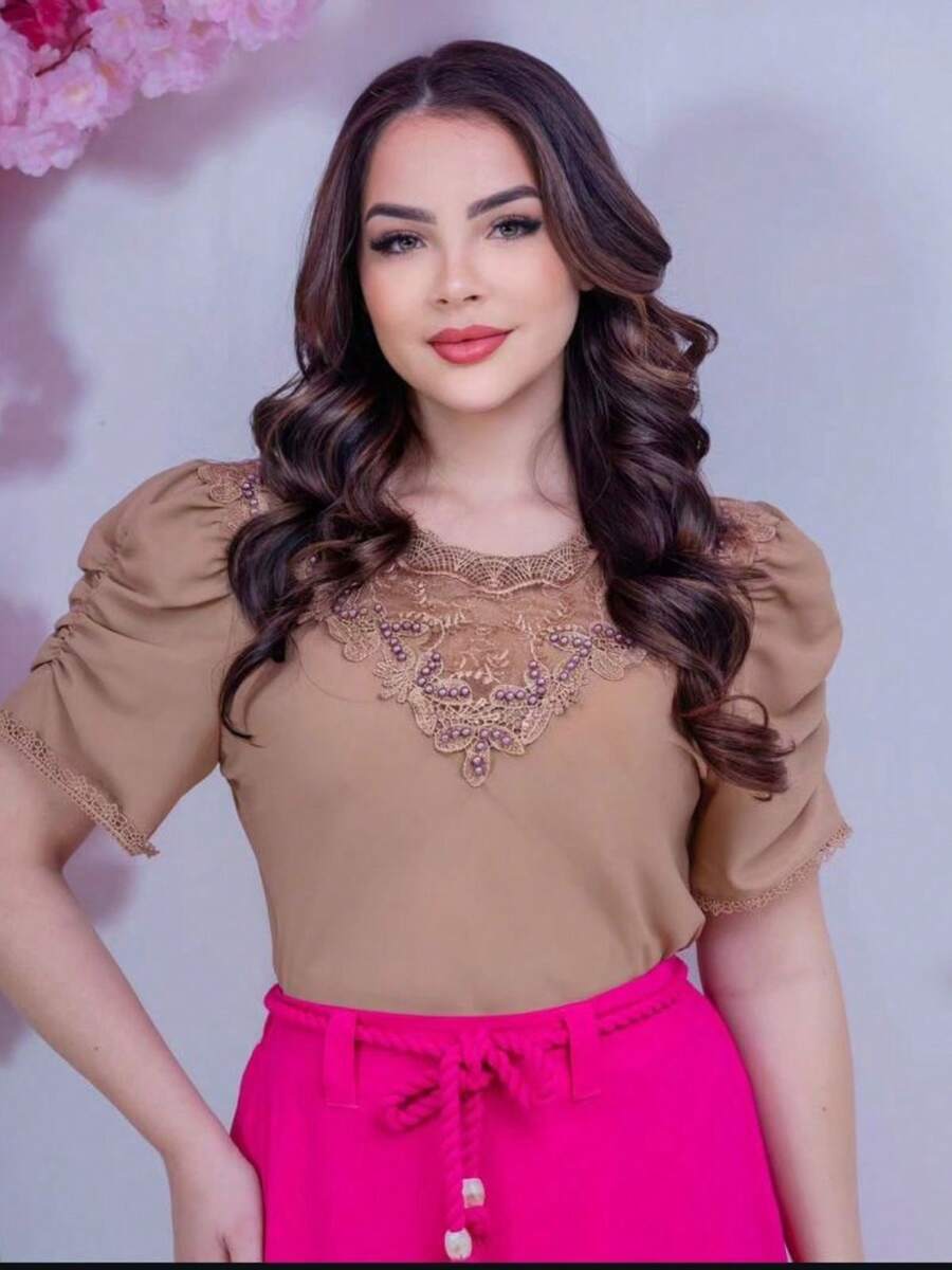 Puff Sleeve Blouse With Pearl Embroidery Elegant Women's Fashion - 查看 1