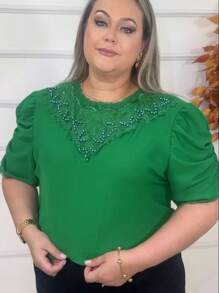 Puff Sleeve Blouse With Pearl Embroidery Elegant Women's Fashion - 查看 3