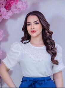 Puff Sleeve Blouse With Pearl Embroidery Elegant Women's Fashion - 查看 6