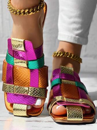 Women's Colorful Patchwork Woven Square Toe Flat Slide Sandals, Casual Comfy Resort Beach Slip-On Mules