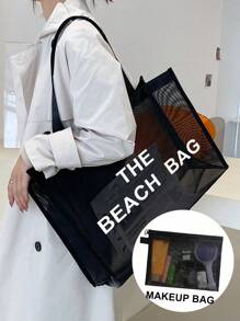 尼龙材质字母印花沙滩网眼手提包，大容量沙滩包，自己用或送礼，适合朋友、妈妈、老师，大容量手提包 - 黑色 - 查看 3
