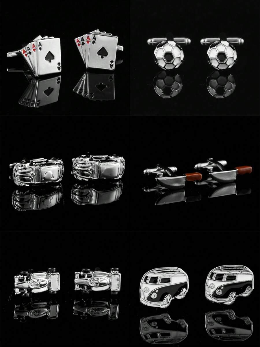 1 Pair Fashion Punk Cufflinks,Includes Football, Bicycle, Bullet, AK47, Ship Rudder, Antique Car, Playing Card, Golden Glass, Crown Designs, Suitable For Men's Formal Wear - Cufflinks - View 1