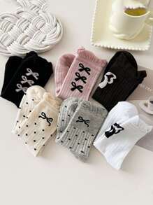 6 双女士春秋新款街头潮流涤纶可爱蝴蝶结字母透气中筒袜，秋季