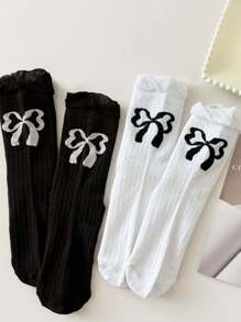 6 双女士春秋新款街头潮流涤纶可爱蝴蝶结字母透气中筒袜，秋季
