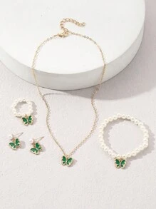 5件套女孩油滴蝴蝶珍珠串珠项链、手链、戒指、耳环首饰套装 - 綠色 - 查看 6