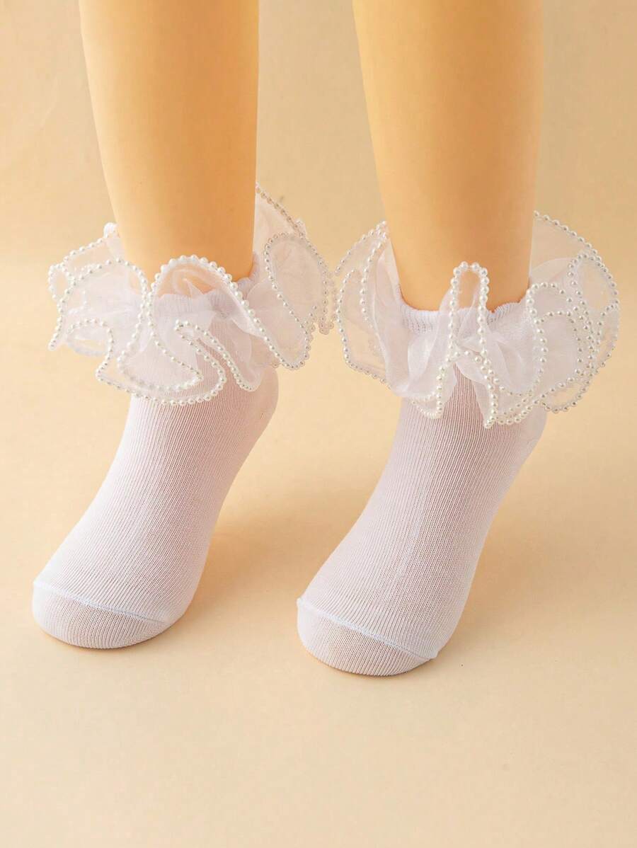 1 双女孩珍珠蕾丝舞蹈袜，优雅公主风格短袜，适合派对穿着 - 白色 - 查看 1