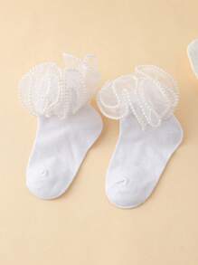 1 双女孩珍珠蕾丝舞蹈袜，优雅公主风格短袜，适合派对穿着 - 白色 - 查看 2