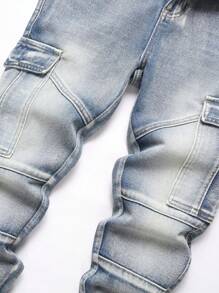 男式复古侧袋修身直筒牛仔裤