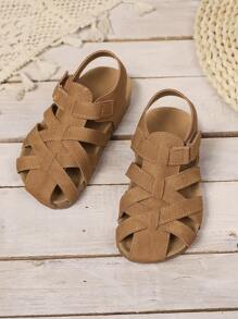 1 双儿童男童女童纯色交叉编织 PU 防滑软底包头复古时尚凉鞋，适合夏季海滩 - 棕色 - 查看 2