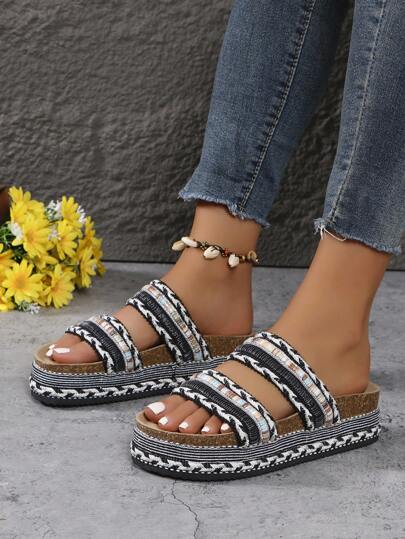 Women's Casual Fashion Sandals Wedge Thick Sole Retro Woven Soft Sole Holiday Style Slippers