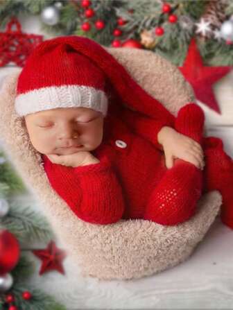 2 piezas Conjunto de fotografía para recién nacidos de mohair - Pelele de punto con pies de color rojo oscuro con gorro de cola larga, decoraciones y regalos para baby shower, regalos de Pascua para niñas/niños