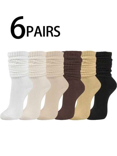 6 Pairs Women's Multicolor Slouch Crew Socks, Slouchy Socks, Fashionable Versatile Daily Soft Comfortable Moisture-Wicking Back-To-School Warm