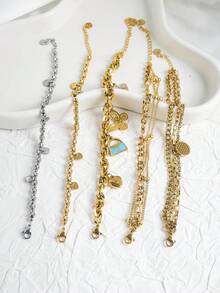 Mazuer 1 件复古镀金时尚空心圆圈、心形、蝴蝶和水钻多层手链，适合夏季海滩、日常穿着、派对、节日、毕业典礼、教师节、返校礼物 - 金黃色 - 查看 10